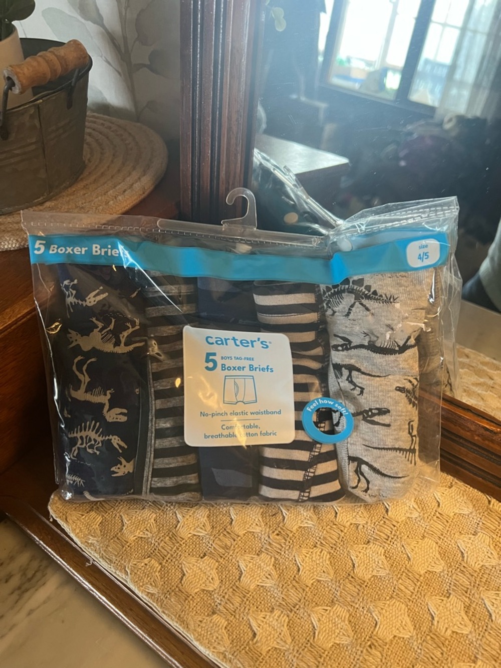 CARTERS Cotton Comfort Waistband Boxer Briefs Stripes and Dinosaurs Boy's Sz 4/5